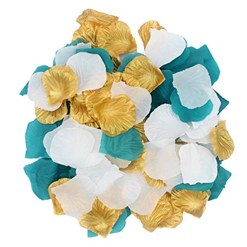2NDTONONE 900PCS Teal Gold White Silk Rose Petals Turquoise Aqua Artificial Flower Petals for Wedding Party Table Confetti Aisle Runner Flower Girl Bridal Shower Hotel Home Vase Decoration