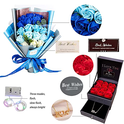 EIGHTOWN Roses Bouquet Artificial Flower - Preserved Blue Rose Flowers with Love Necklace for Her - Unique Gifts Valentine's Day, Mother's Day, Thanksgiving, Birthday, Anniversary - color: Navy and Blue