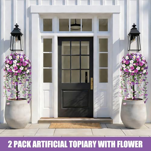 Yangrass Artificial Topiary Ball Trees with Purple Morning Glory Flowers, 3FT Artificial Bushes Faux Outdoor Plants Set of 2 with Ground Spike, UV Resistant Fake Shrubs for Front Porch Garden - color: Purple Morning Glory