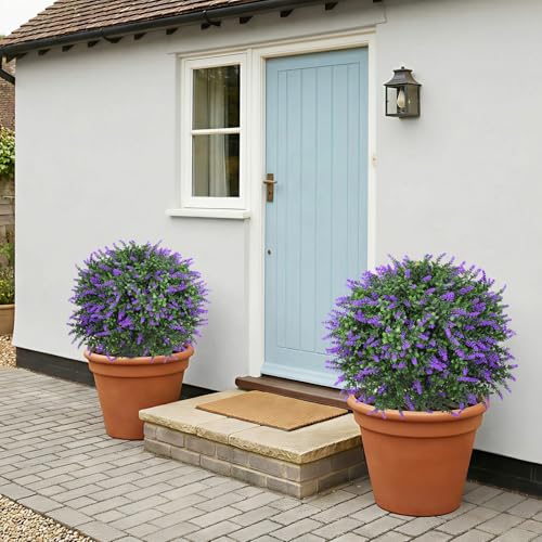 Dense Foliage Artificial Lavender Topiary Ball Trees 24 Inch, 2 Pack UV Resistant Fake Plants Outdoor, Faux Bushes with Ground Spike for Garden, Patio, Porch, Yard Decor - color: Lavender