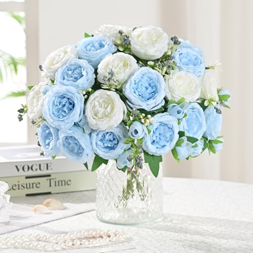 MARTINE MALL 2 Packs Peonies Artificial Flowers, Mixed White Blue Artificial Peonies, Silk Peonies Flowers Fake Peonies Artificial Peony Flowers for Centerpiece Table Wedding Party Home Decor - color: Mixed White Blue, size: 2PCS