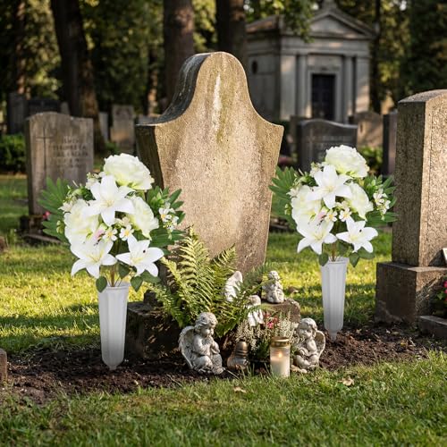 2Sets Artificial Cemetery Flowers with Cemetery Vase Artificial Rose Lily Graveyard Memorial Bouquets for Memorial Day Cemetery Headstones Outdoor Grave Decorations (White) - color: White