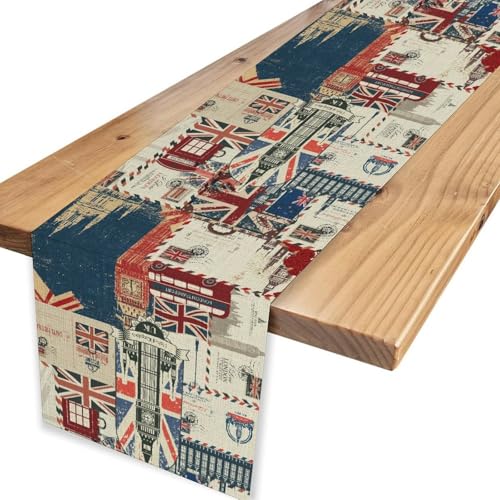British Table Runner, Vintage England Buildings London Culture Element Retro Envelope Stamps Coffee Table Center Decor for Home Kitchen Dining Patio Holiday Party Table Decorations 13x36 inches - color: Tr-england06, size: 13x36" Table Runner