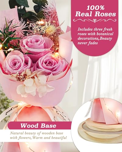 HVY Preserved Flowers Gifts for Her,Preserved Rose Bouquet in Glass Dome,Forever Flowers Fresh Bouquet Present for Women Mothers Day Birthday Gifts for Mom Wife Grandma,Pink Real Rose - color: Pink Rose