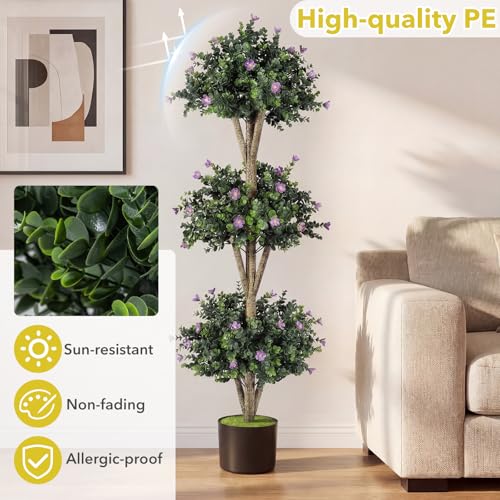 Goplus 51" Artificial Triple Ball Boxwood Topiary Tree, Faux Bush Plant with 59 Blossoms, Cement-Filled Plastic Pot, Sun-Resistant Indoor Outdoor Fake Greenery for Porch Home Decoration Housewarming - color: Purple