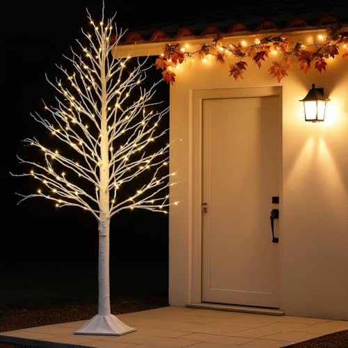 TW SHINE Set of 3 Lighted Birch Tree, 4FT 6FT 8FT White Artificial Christmas Tree with Total 456 LED Light, Prelit Waterproof Christmas Decoration for Indoor Outdoor Thanksgiving Wedding Holiday - color: 3 Pack