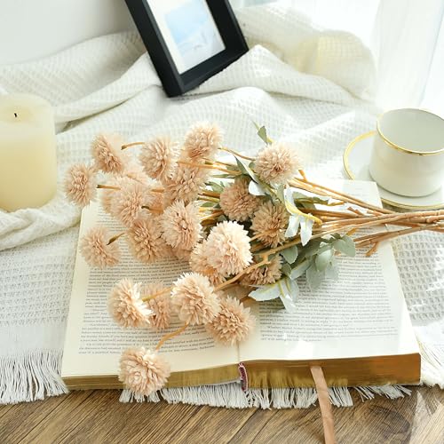 Mandy's 6 Stems Silk Beige Kiku Ball Flowers | Artificial Chrysanthemum Stems for Home Summer Décor Realistic Faux Floral Arrangement Minimalist Elegant Style - color: Beige