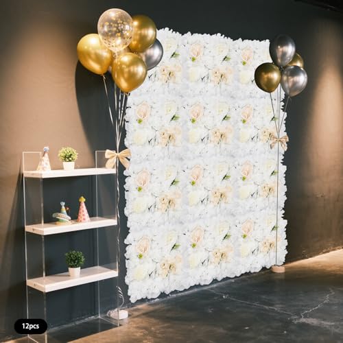 12Pcs Artificial Flower Wall Panel 3D Floral Backdrop Walls15 X 15" Flower Wall Decor Panel Flower Backdrop for Party Home Background Decor, White & Champagne - color: White, Champagne