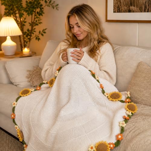 Crochet Flower Bouquet Throw Blanket, Cute Romantic Gift for Her Girlfriend Mom Mother’s Day Valentine Wedding Anniversary Birthday (White Sunflower, 32 inches) - color: White Sunflower, size: 32 inches