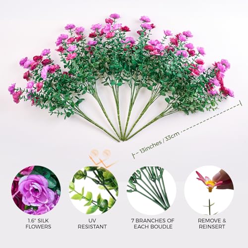 Artificial Flowers for Outdoors Patio Decoration 6 Bundles Fake Flower Rose Head UV Resistant Faux Plants Yard Garden Porch Home Boxwood Planter Patio Decor, Mix Light Purple & Deep Purple Flower - color: D Purple Rose 6pcs