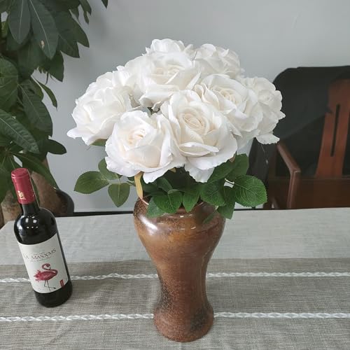 ATFL Fake White Roses Artificial Flowers Bulk,Floral Diameter 4'',20 Pcs Artificial Silk Roses Flowers with Stems for Wedding Arrangement Centerpieces Party Home Table Decorations (20, White) - color: White