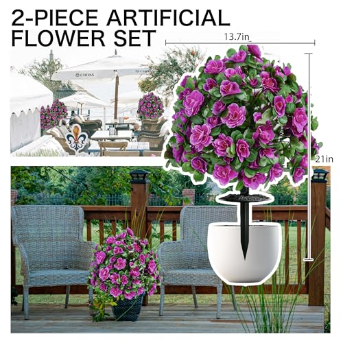 Artificial Flowers for Outdoors, Faux Outdoor Plants Fake Plants Topiary Balls Artificial Outdoor Set of 2 with Ground Spike for Home Front Porch Patio Garden Decor (Rose Purple) - color: Rose Purple