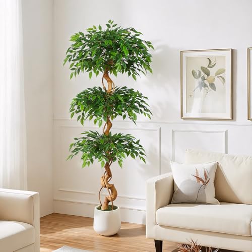 6ft Large Ficus Artificial Trees in White Pot, 72" Tall Fake Silk Tree with Natural Curved Trunk, Lush Faux Ficus Tree for Indoor Home Decor, Living Room, Office & Patio - size: 6ft