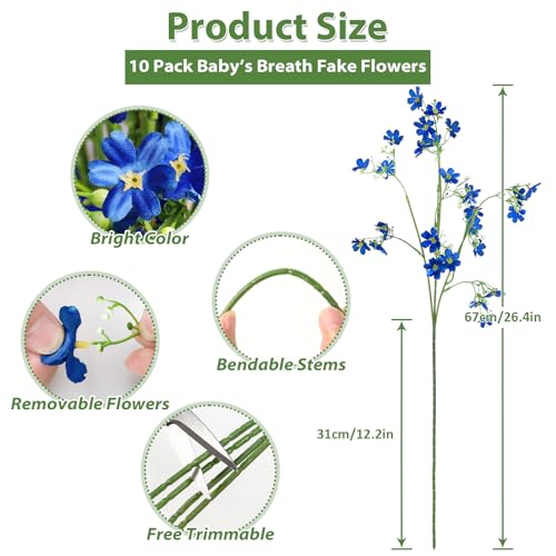 TOCHGREEN 10PCS Artificial Silk Flowers with Long Stems Faux Bulk Babys Breath Flowers Fake Silk Flowers Bouquet for Floral Arrangement Tall Vase Home Wedding Table Centerpieces Decor (Blue) - color: Blue