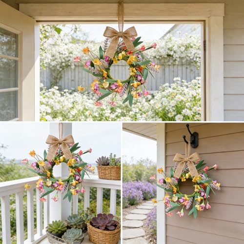 6 Pcs Mini Yellow Flowers Hanging Wreaths for Cabinets Artificial Spring Small Candle Ring Wreaths with Pink Floral and Purple Lavender for for Home Kitchen Front Door Window Farmhouse Porch Wall - color: Colorful Forsythia