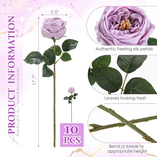 Daifunli 10pcs Real Lifelike Peonies Artificial Flowers, Faux Austin Rose with Long Stem Look Real Fake Flower for Christmas Valentines Arrangement Wedding Party Home Kitchen Decor(Light Purple) - color: Light Purple
