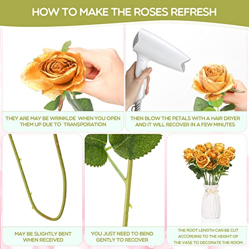 Jexine 50 Pcs Artificial Rose Flower Bulk Realistic Silk Fake Roses with Long Stem Plastic Artificial Flower Bouquet Real Looking for Home Wedding Centerpieces Party Decoration(Gold) - color: Gold