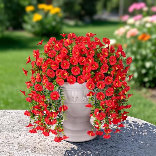 Artificial Faux Hanging Flowers Plants for Outdoor Decor,2 PCS Fake Silk Morning Glory with Eucalyptus Greenery UV Resistant Realistic Vines for Wall Home Porch Patio Balcony Yard Indoor Decor, Red - color: Red
