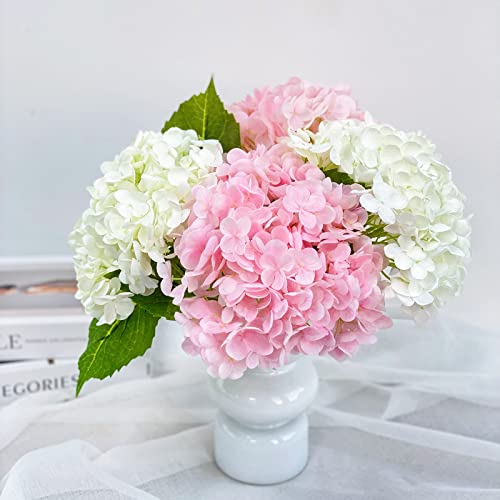 RUZUQE 4 Pcs Hydrangea Artificial Flower 2 White + 2 Pink 21'' Long Stem Lifelike Real Touch YalzoneMet Hydrangea Latex for Home Kitchen Decoration Bridal Bouquet Wedding Outdoor Decor - color: White Pink