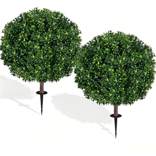 27.5" Artificial Boxwood Topiary Ball Tree, Set of 2 Fake Bushes Shrubs with Ground Spike, UV Resistant Faux Evergreen Boxwood Trees for Front Porch Planters Outdoor Garden Decor - color: Green-boxwood