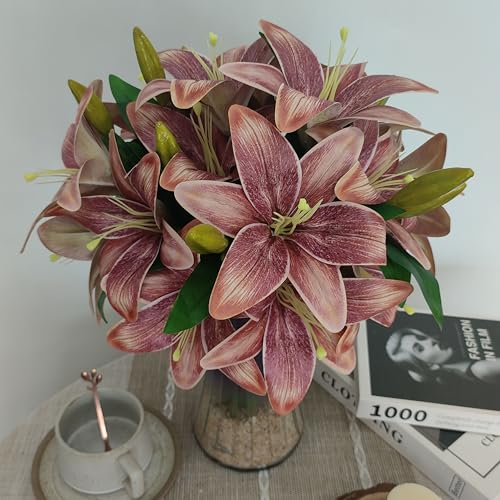 ATFL Artificial Lilies Flowers,9 Pcs Faux Lily Flowers,16''Tiger Lily Branches with 2 Full Blooms and 1 Bud,Faux Fake Lilies Plants for Wedding Bouquet Floral Arrangements (9, Brown) - color: Brown