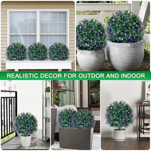 Artificial Purple Flower Boxwood Topiary Ball Trees,2 Set of 16'' UV Resistant Fake Evergreen Shrubs Bushes Plants with Ground Spike, Fake Plants for Outdoor Indoor Front Porch Garden - color: Purple Flower