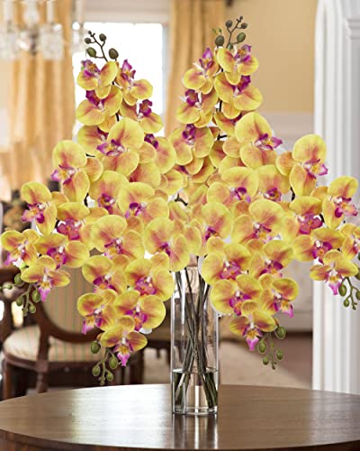 4 Pcs Artificial Orchid Flowers 9 Large Heads of Real Touch Vivid Phalaenopsis Orchid Flower Stem 36'' Tall, Artificial Flowers Branches for Home Decor, Office House Decoration-Yellow Phalaenopsis - color: Yellow #12