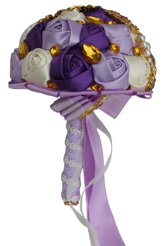 Handmade Wedding Bouquets for Bride Bridesmaid Brooch Artificial Holding Flower Tossing Bouquet（Ivory/Purple/Light Purple,24cm,1PC - color: Ivory/Purple/Light Purple, size: 24CM/9.4''