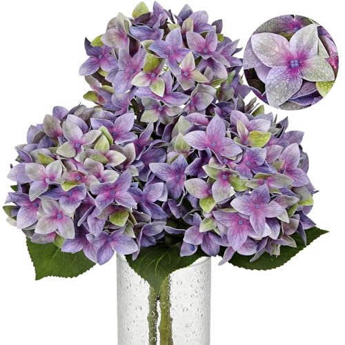 Artificial Hydrangea Flowers Real Touch Faux Hydrangeas Flower 7 Inch Large Hydrangea Heads with Unique Petal Shape, 23.6" Long Purple Hydrangeas Stems for Vase Wedding Home Table Centerpiece Decor - color: Rich Lilac