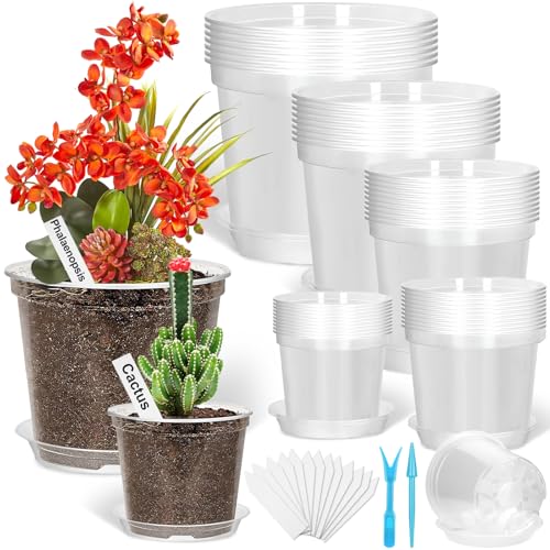Jollidecor 45Pcs Clear Plastic Nursery Pots with Drainage Holes and Saucers, 3/4/5/6/7Inch Seedling Starter Flower Pots with Tool for Indoor Outdoor Gardening Flower, Herb, Succulent Transplanting - size: 3/4/5/6/7 Inch