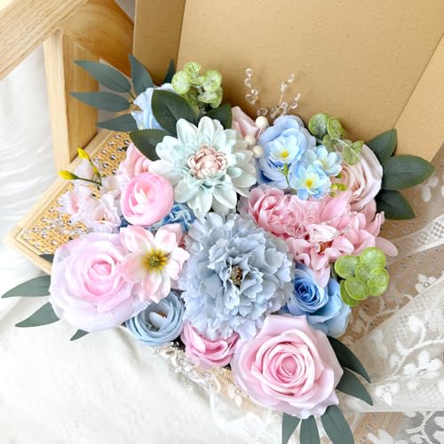 Baby Blue Pink Artificial Flowers Combo Box Set Bulks Pastel Pink Rainbow Silk Roses Individually Stems Crystal DIY Faux Bridal Wedding Bouquets Cake Decor Arrangements Baby Shower Bloom Flowers - color: Baby Blue, Pastel Pink