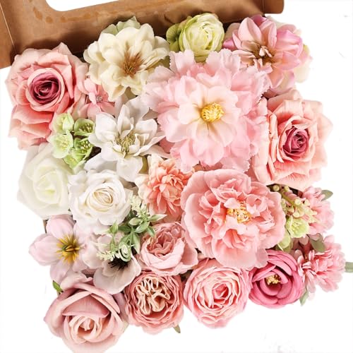 Artificial Flowers Combo Pink Roses with Stems Bouquets Box Set Bridal Wedding Shower Decorations Fake Floral for Party Table Centerpieces Home Decor - color: Romantic Pink