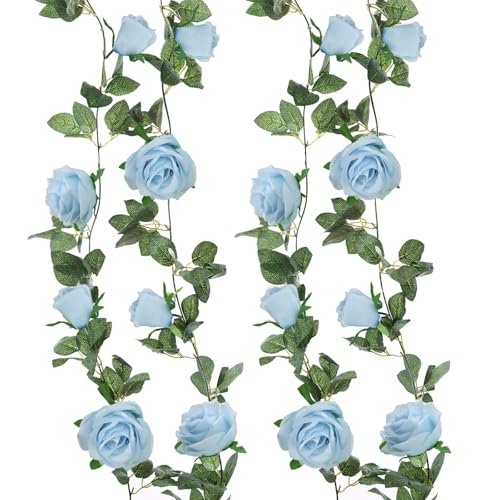 Felice Arts 2 Pack Light Blue Artificial Floral Garland Each 6.5FT Fake Rose Vine Hanging Spring Garland for Wedding Flowers Table Arrangement Room Teepee Mirror Decor - color: Lightblue