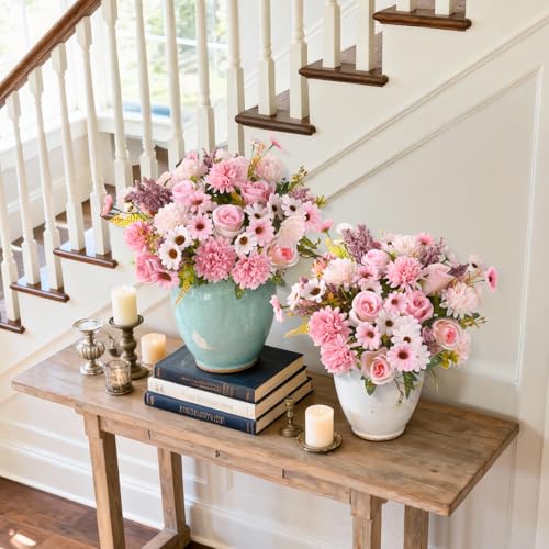 Artificial Fake Flowers for Spring Decoration, 4 Pcs Faux Silk Flower Arrangements Centerpiece for table with Chrysanthemum Rose Daisy Floral Bouquets Office Wedding Patio Porch Indoor Home Decor - color: Pink