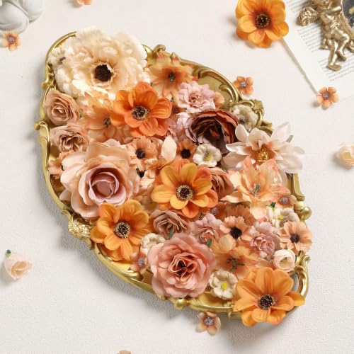 Fake Flowers Heads Bulk Assorted Artificial Silk Flower for Crafts, Small Artificial Daisy Roses Faux Flowers for Graduation Cap DIY Cake Wedding Party Home Garland Decoration - color: Light Coffee
