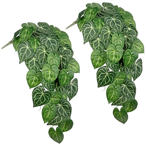 2 Packs UV Resistant Artificial Hanging Plants Outdoors & Indoors, 33" Large Fake Pothos Plants Faux Monstera Vines Hanging Greenery for Planter, Shelf, Wall, Window Box, Porch, Patio, Garden Decor - color: #Mix Green Monstera Vines