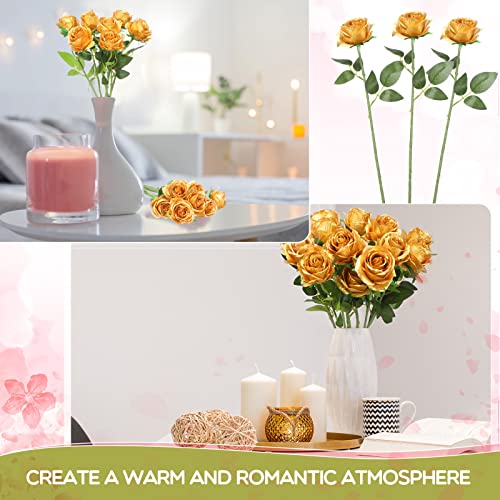 Jexine 50 Pcs Artificial Rose Flower Bulk Realistic Silk Fake Roses with Long Stem Plastic Artificial Flower Bouquet Real Looking for Home Wedding Centerpieces Party Decoration(Gold) - color: Gold