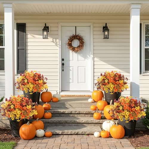 ATTGREAT Artificial Fall Flowers Outdoors UV Resistant Fake Mums Bulk Outside Faux Mums Plants Decorations for Home Garden Porch Hanging Planter Autumn Decor, 12 Bundles (Mix Orange Yellow Fall Red) - color: Orange Yellow Fall Red, size: 12PCS