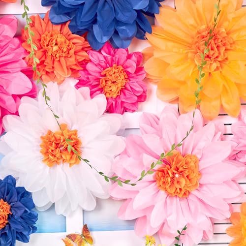 OBBOLO Wildflower Paper Flowers, 14 Pcs Paper Flowers Decorations for Wall, 8 in, 14 Inch Tissue Paper Flower for Wedding Party Baby Bridal Shower Nursery Wall Decor Bulletin Board Classroom - color: Pink Orange Blue