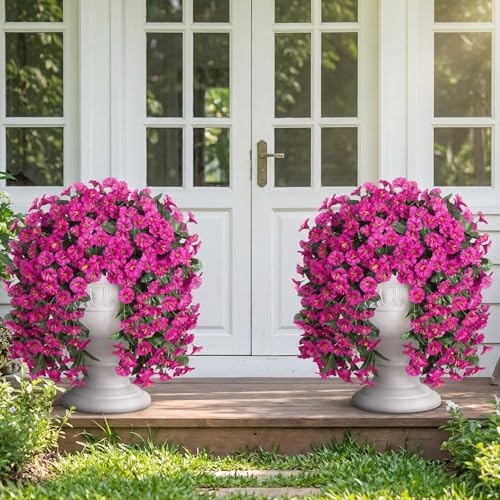 HyeFlora Artificial Fake Hanging Flowers Plants for Outdoor Outside Decoration, 2PCS Faux Silk UV Resistant Look Real Fuchsia Morning Glory Trailing Vines for Home Planter Porch Patio - color: Fuchsia 2