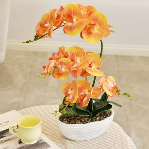 19" H Phalaenopsis Faux Orchid Plant Silk Orchid Centerpiece Artificial Floral Arrangement in Ceramic Pot (Orange) - color: Orange