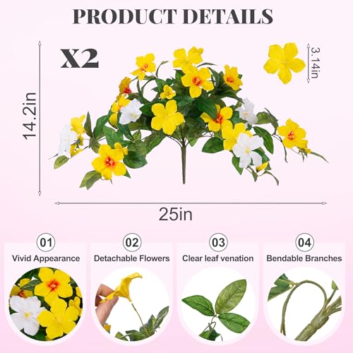 INXUGAO Artificial Hanging Faux Flowers for Outdoors Planters 2PCS Fake Flowers Silk Hibiscus Flowers for Outside Outdoor Faux Hanging Plants UV Resistant Spring Home Front Porch Decoration - color: Mt Azalea H-mix Yellow White