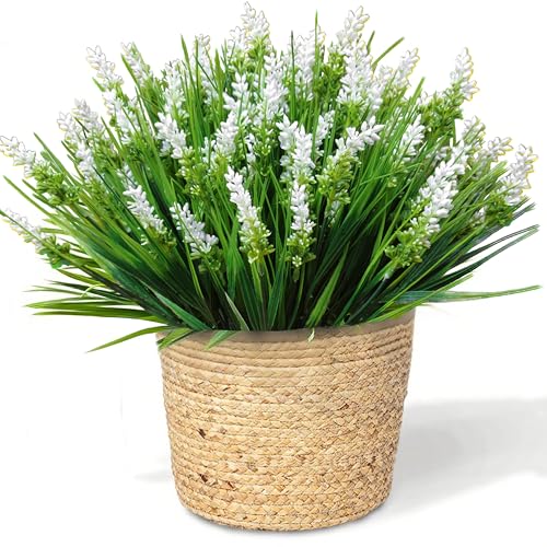 12 Bundles Artificial Plants Outdoor Fake Monkey Grass UV Resistant Faux Plans with White Fake Flowers Greenery Shrubs for Front Porch Yard Pathway Garden Spring Summer Décor Outside Indoor (white). - color: White