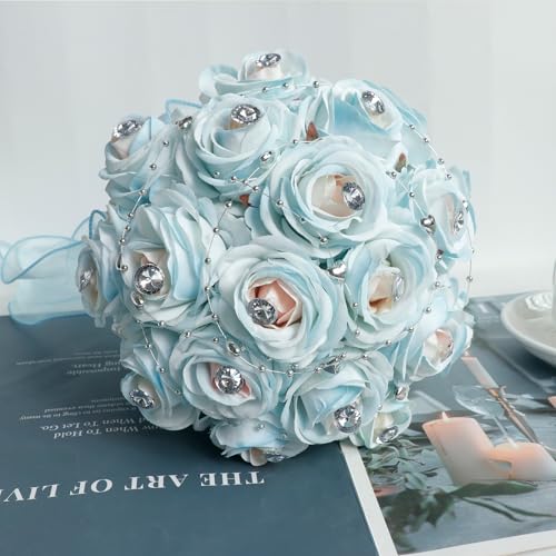 Faylapa Wedding Bouquets for Bride Bridesmaid Hand Bouquet Diamond Artificial Flowers for Wedding Marriage Proposal Party Valentine's Day Church Home Decoration (Light Blue) - color: Light Blue, size: 7.87 inch diamond bouquet