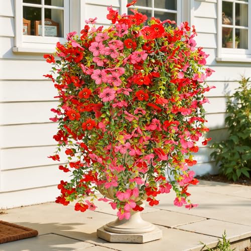 Artificial Hanging Flowers for Outdoor Decor, 6 Bundles UV Resistant Faux Silk Flowers, Fake Hanging Plants for Porch Patio Yard Planter Indoor Home Decoration(Red, Fuchsia) - color: Red＆fuchsia