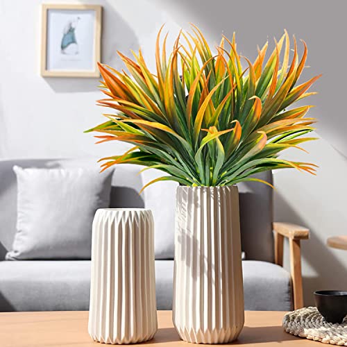 8 Pcs Outdoor Fake Plants UV Resistant Artificial Tall Grass Plants Faux Tropical Flowers Bushes Fall Winter Summer Planters Yard Patio Front Porch Décor Plastic Greenery Shrubs Decoration - color: Yellow Grass Plant, size: 8pcs