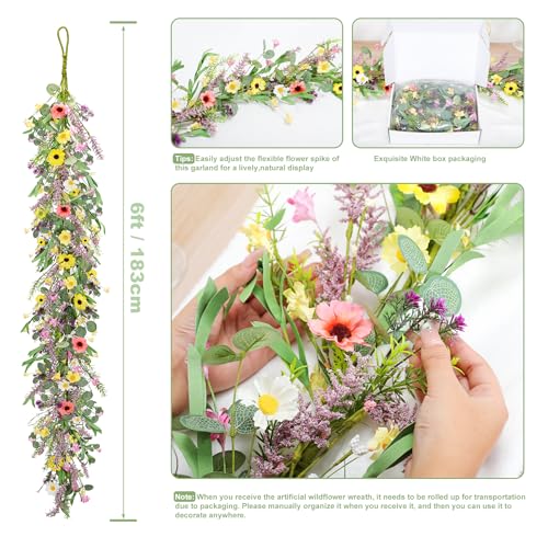 6FT Wildflower Garland, Artificial Spring Floral Garland with Eucalyptus Leaves, Fake Flower Garland for Mantle Fireplace, Wedding Arch, Summer Home Decor, Spring Mantel Garland - color: Wildflower01