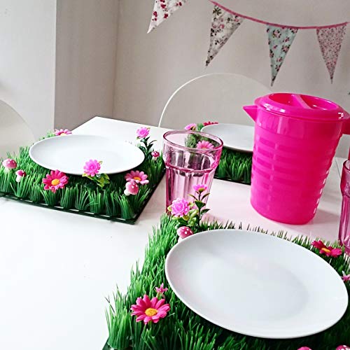 Artificial Grass Place Mat Set of 4 | Flower Table Mats for Tea Party, Garden Party, Kids Birthday, Fairy & Unicorn Decorations | 10x10 Inch Green Placemats