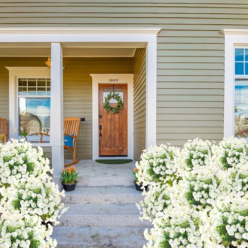 Artificial Flowers for Outdoors 12 Bundles Realistic Faux Plants UV Resistant Fake Silk Morning Glory with Eucalyptus for Front Door Planter Patio Porch Outside Spring Summer Decoration (White) - color: White