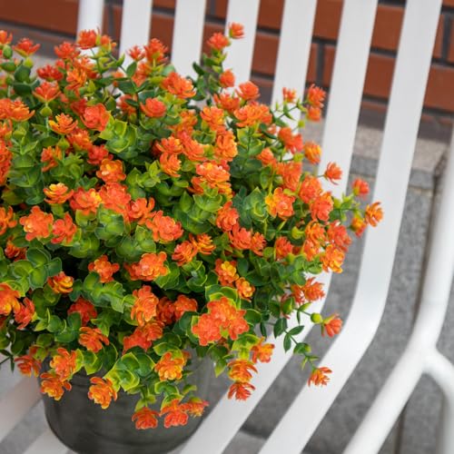 Fall Artificial Flowers for Outdoors, 12 Bundles UV Resistant Artificial Outdoor Flowers, Not-Fading Plastic Faux Fall Flowers for Outdoor Planters for Home Garden Porch Yard Decor, Orange - color: Orange